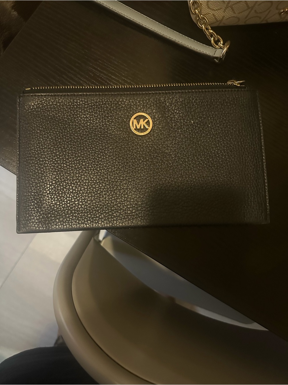 Michael Kors Black Pebbled Leather Wristlet Wallet with Gold MK Logo